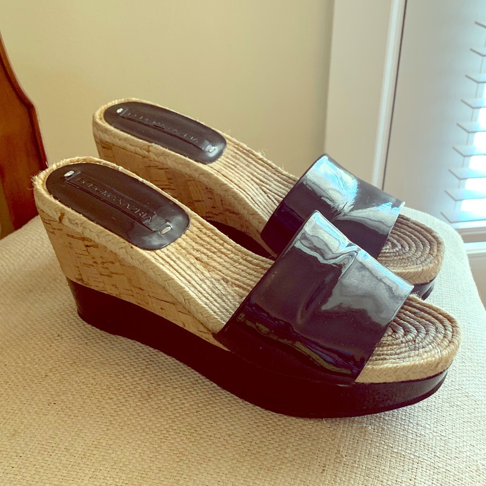 BCBG Max Azria patent wedge slides